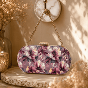 Floral sequin clutch bag with pink and purple flowers, gold chain shoulder strap.