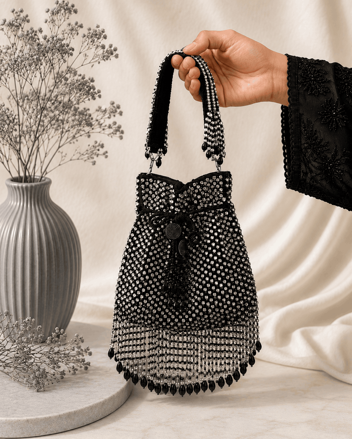 Black beaded potli bag with bow accent, drawstring and round tassel fringe.