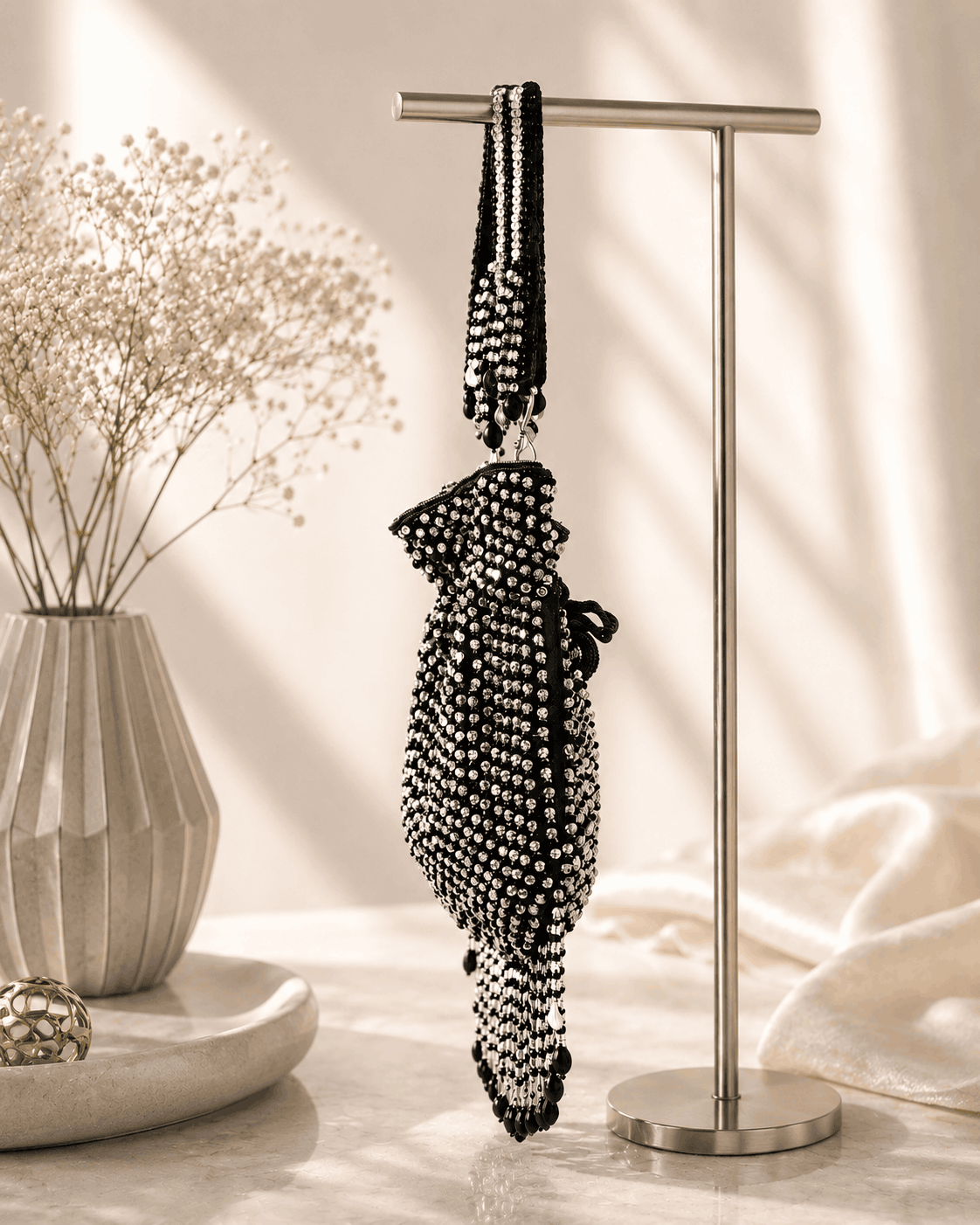 Black beaded potli bag hanging on a stand with long tassels and fringe.
