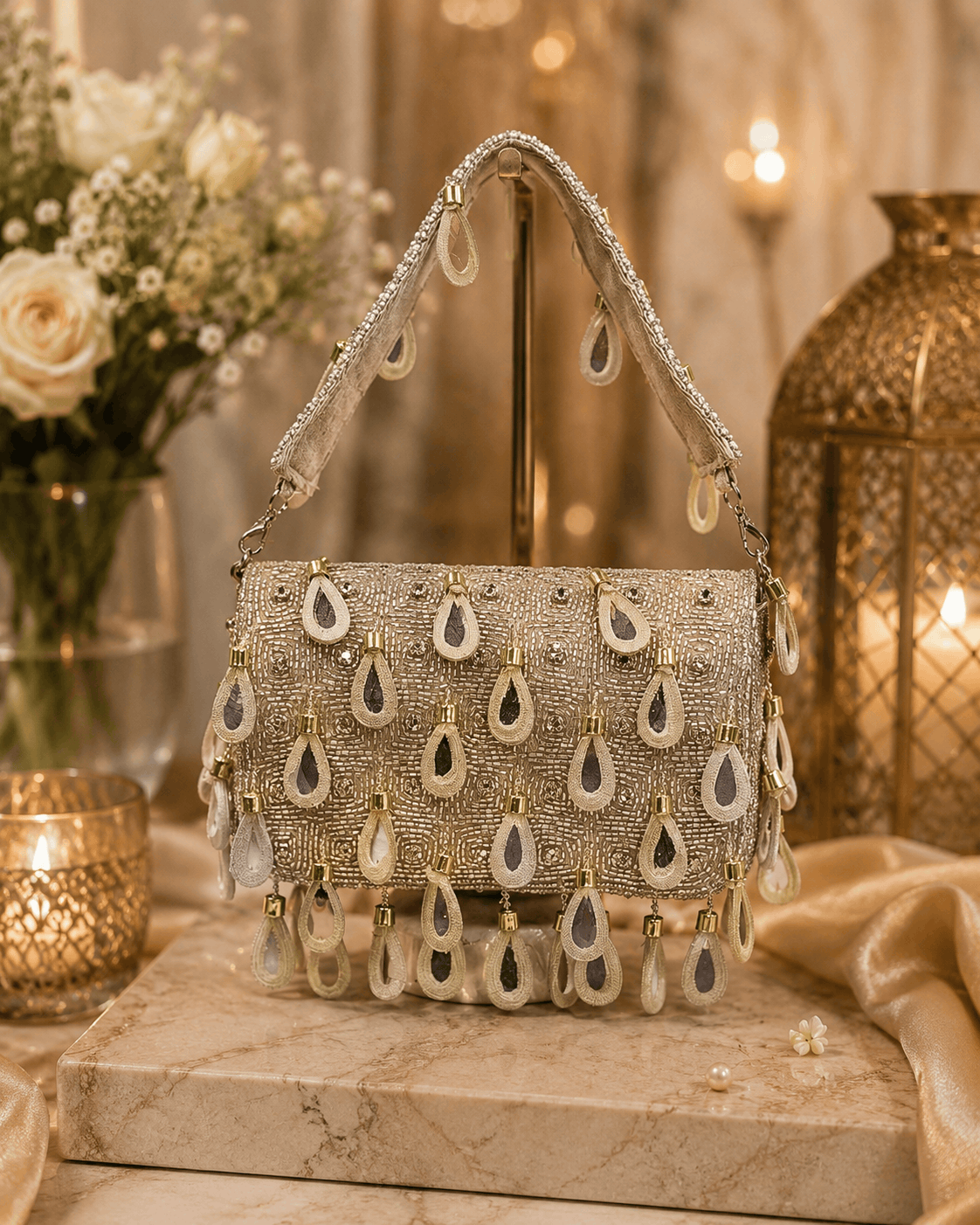 Beige embellished shoulder bag with dangling teardrop bead fringe and chain handles