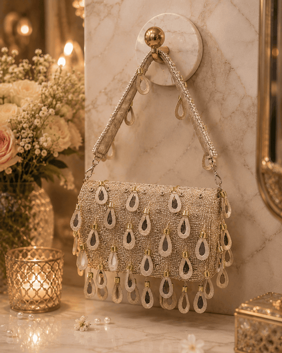 Beige beaded shoulder bag with teardrop drops and chain shoulder straps, front view