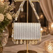 Beige beaded shoulder bag with vertical teardrop fringe and top chain handle, side view