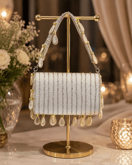 Beige beaded shoulder bag with vertical teardrop fringe and top chain handle, side view