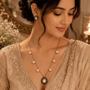 Gold-tone necklace with turquoise center pendant and matching stud earrings worn with dress