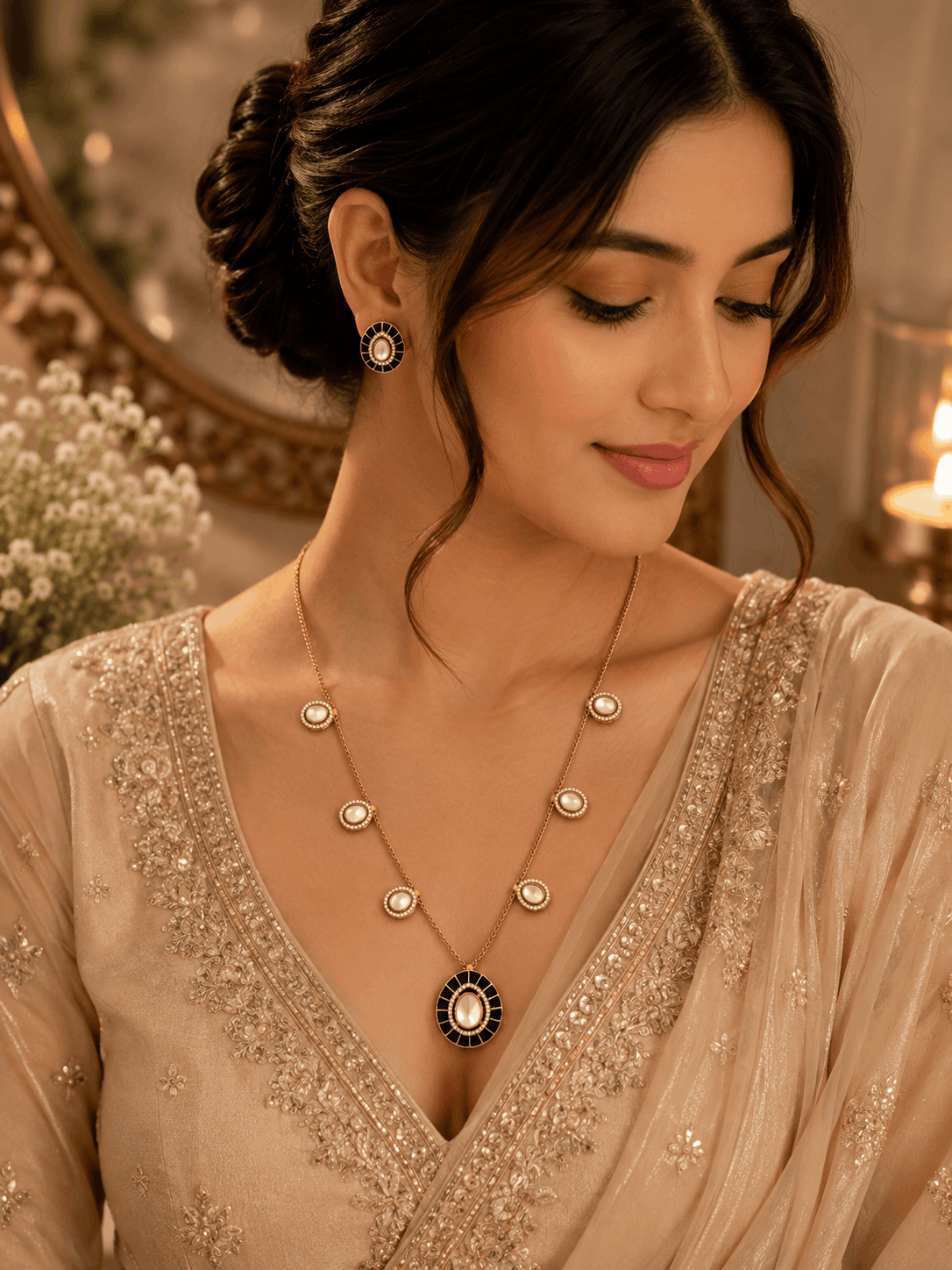 Gold-tone necklace with turquoise center pendant and matching stud earrings worn with dress