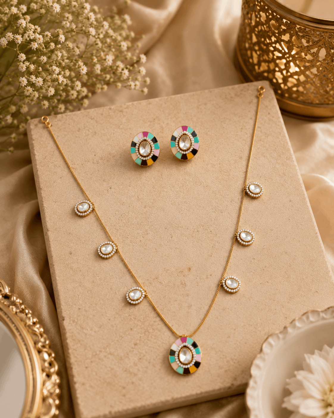 Gold-tone necklace set with turquoise and multicolor center pendant and stud earrings