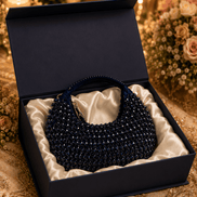 Navy blue beaded hobo bag in gift box, satin lining