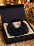Navy blue beaded hobo bag in gift box, satin lining