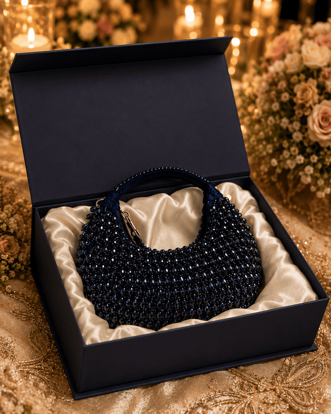 Navy blue beaded hobo bag in gift box, satin lining