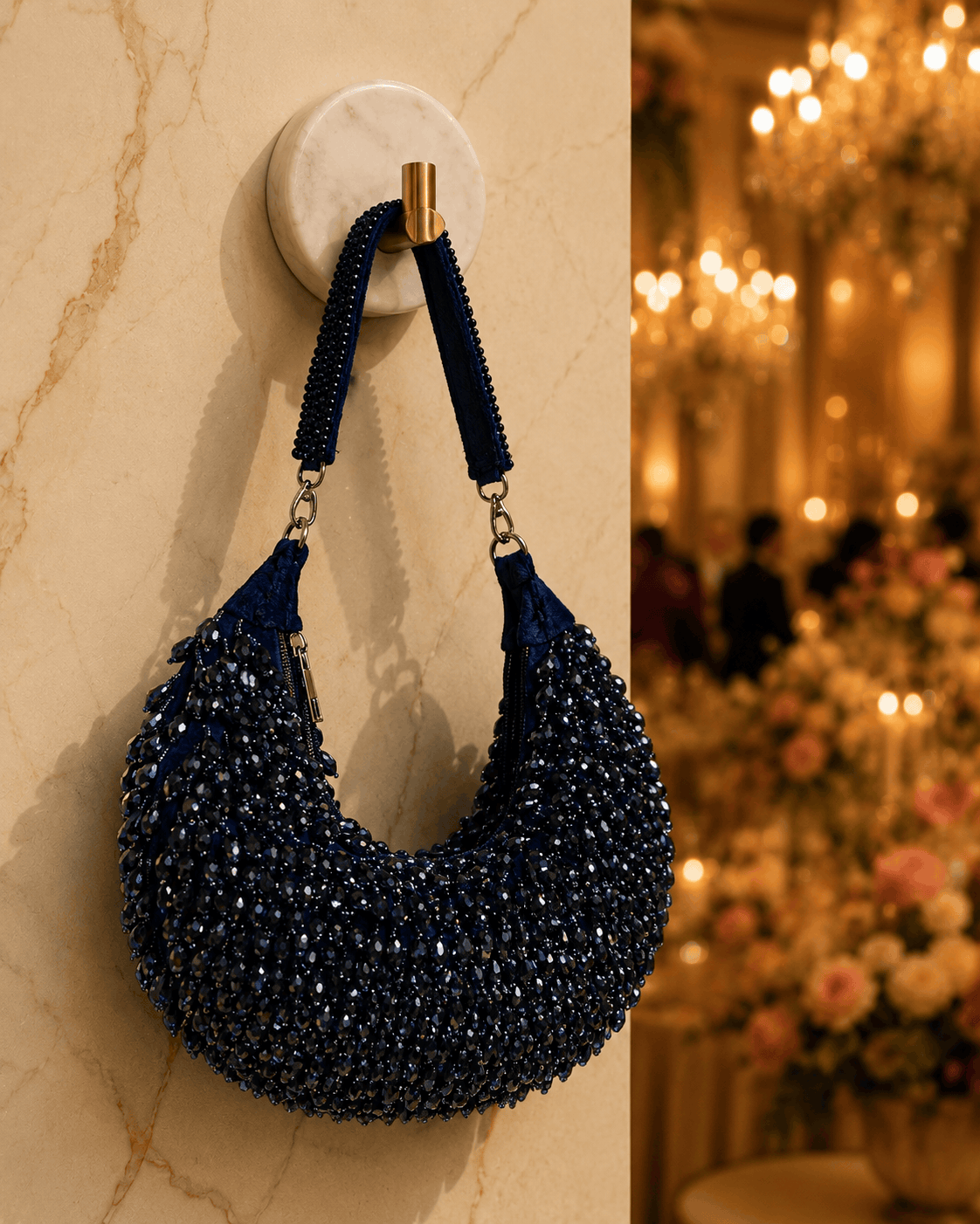 Navy blue beaded hobo bag with loop handle and chain tassels