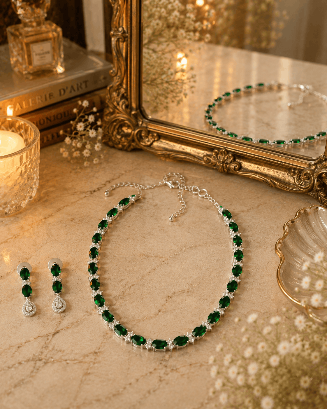 Emerald-green beaded necklace with matching drop earrings and silver-tone chain