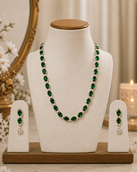 Emerald-green beaded necklace with matching drop earrings, silver-tone accents