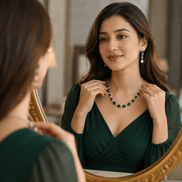 Emerald-green beaded necklace with matching drop earrings worn by model