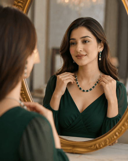 Emerald-green beaded necklace with matching drop earrings worn by model
