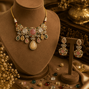 Gold-toned choker necklace with teardrop charms and matching stud earrings