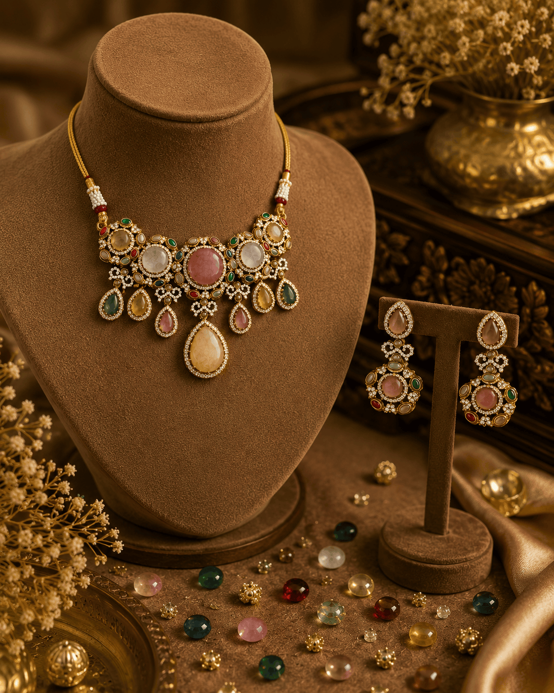 Gold-toned choker necklace with teardrop charms and matching stud earrings