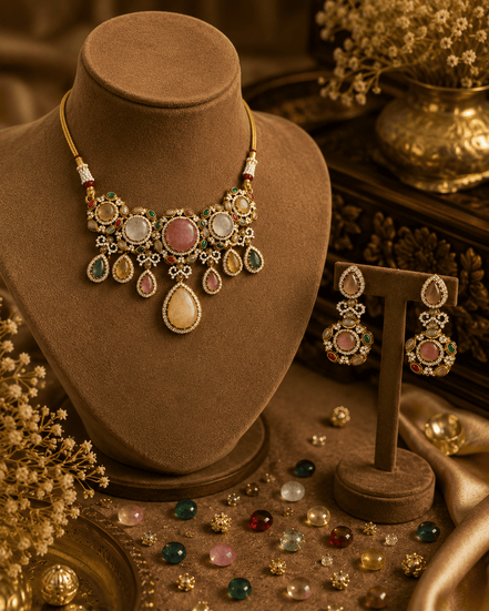 Gold-toned choker necklace with teardrop charms and matching stud earrings
