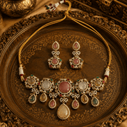 Gold-toned jewelry set with pink, green, and white stones on ornate tray