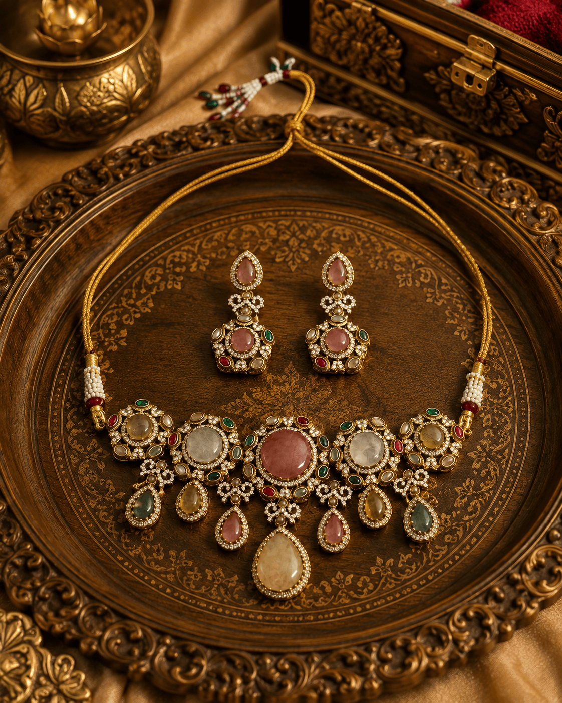 Gold-toned jewelry set with pink, green, and white stones on ornate tray