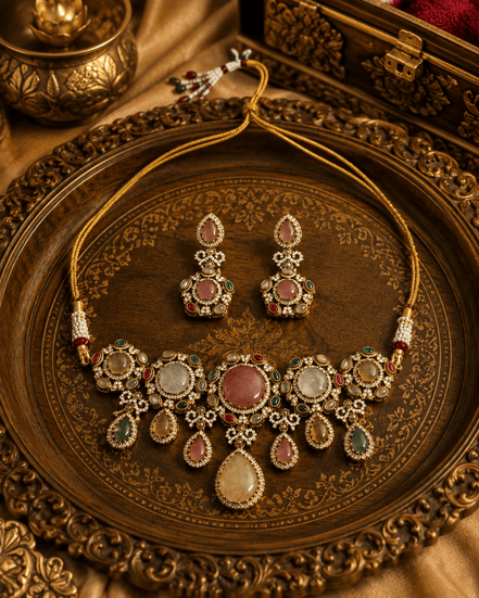 Gold-toned jewelry set with pink, green, and white stones on ornate tray