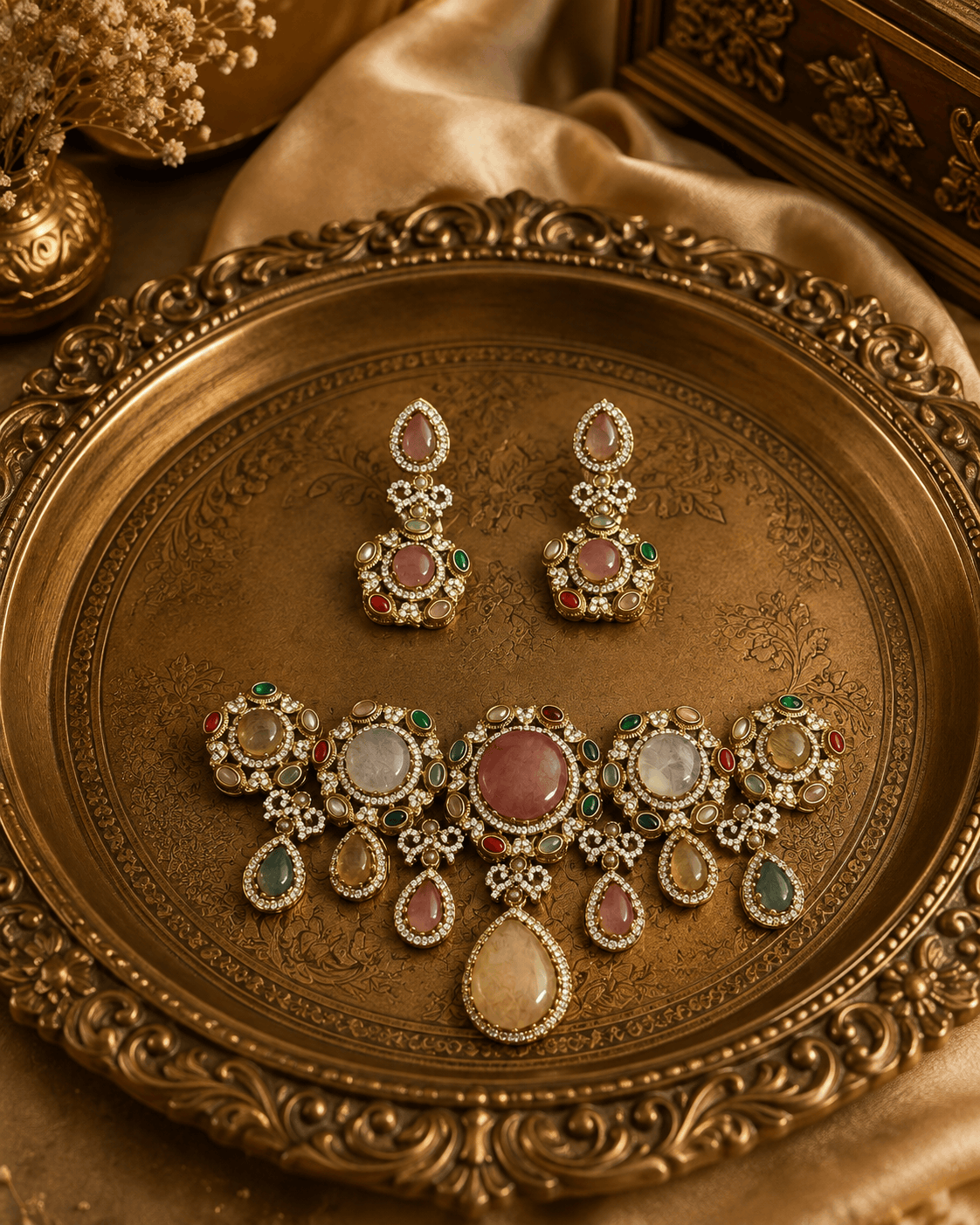 Gold-toned jewelry set with pink and green stones: necklace and matching earrings
