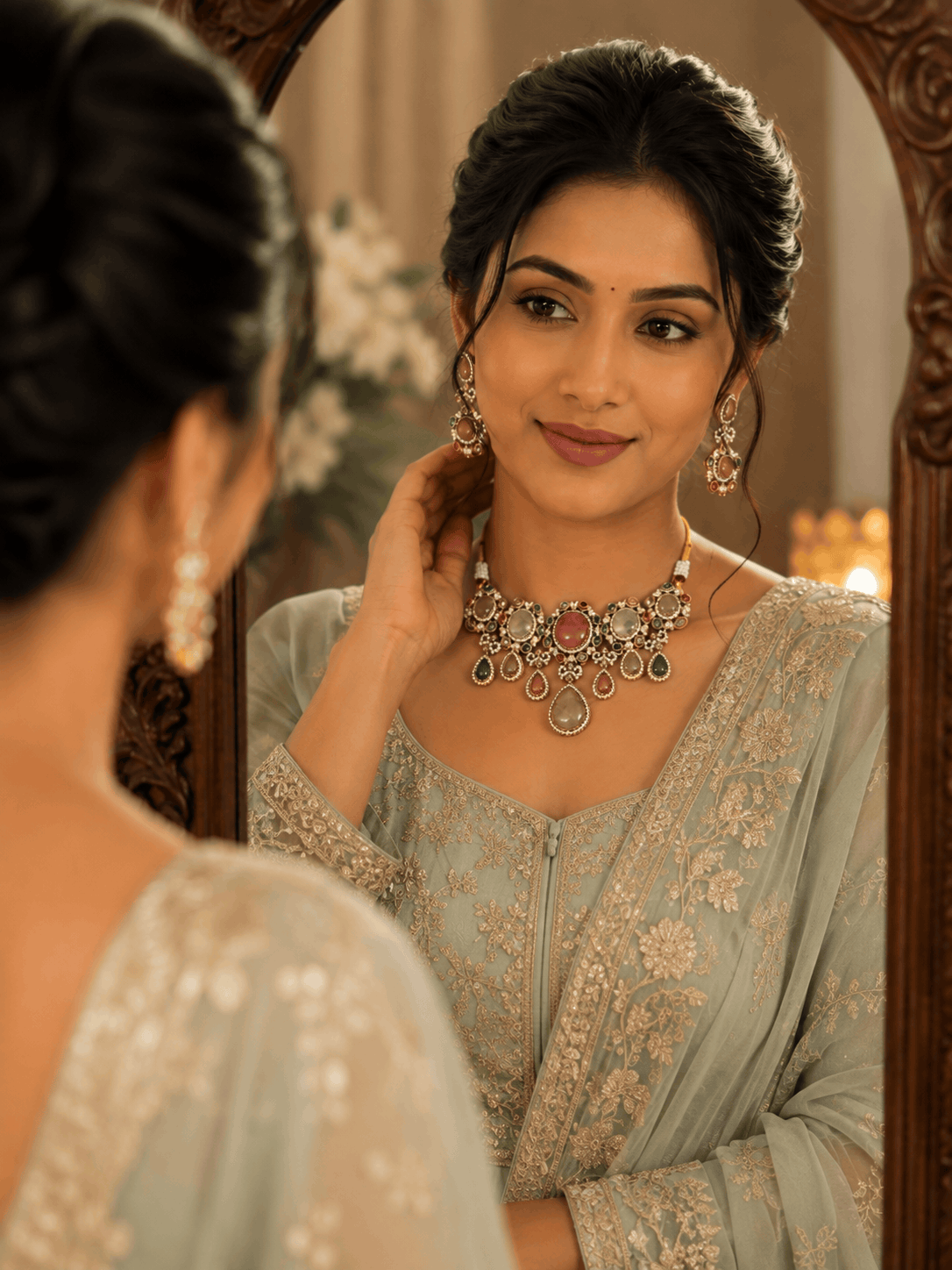 Intricate statement necklace and drop earrings with multicolor stones on model