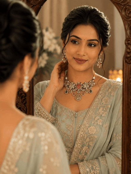 Intricate statement necklace and drop earrings with multicolor stones on model