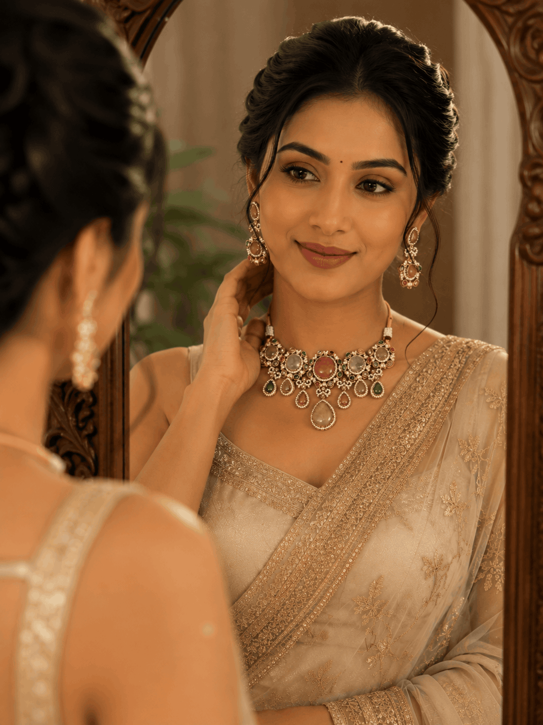 Statement necklace and ornate earrings with pink, green, and clear stones