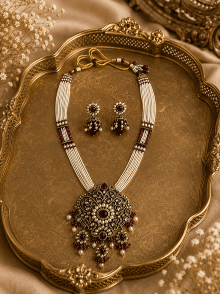 Heritage necklace set with layered bead strands, ornate pendant and matching drop earrings.
