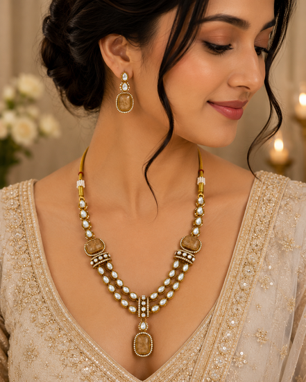 Gold kundan necklace set with peacock-blue teardrop pendant and matching drop earrings