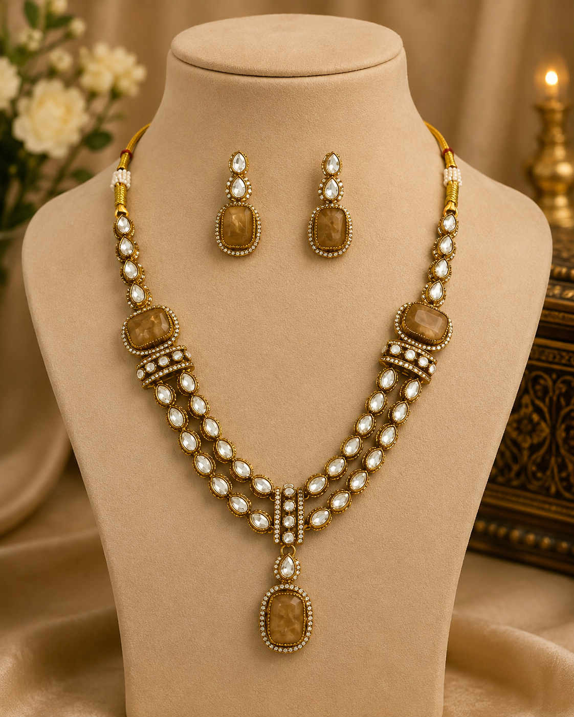 Gold kundan necklace set with peacock-blue oval pendant, layered pearl chain, and studs