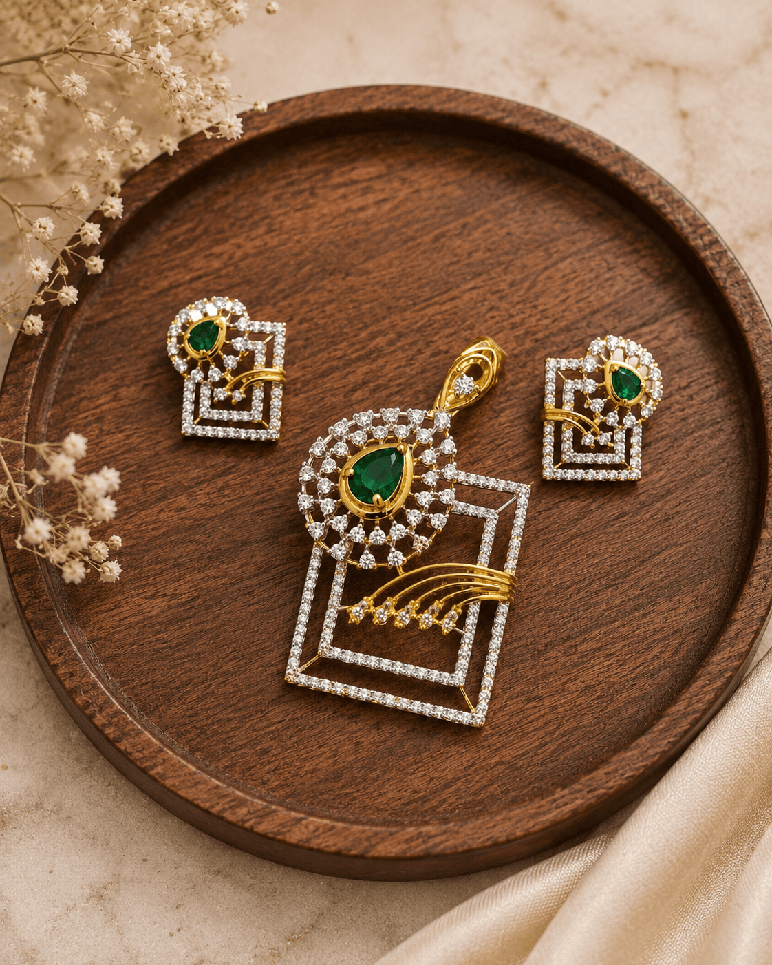 Gold-tone emerald green pendant and stud earring set with geometric square motif