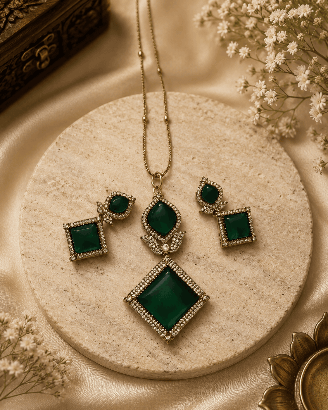 Gold pendant necklace and earrings set with emerald green square and diamond stones