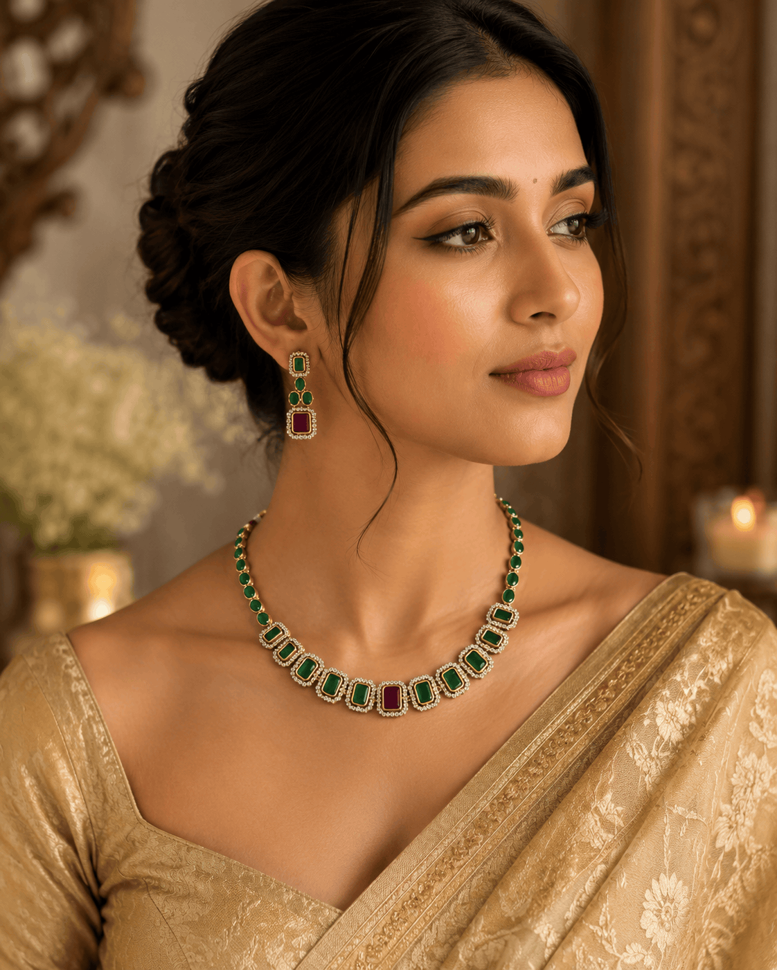 Gold-tone necklace with green stones and red-accent stud earrings