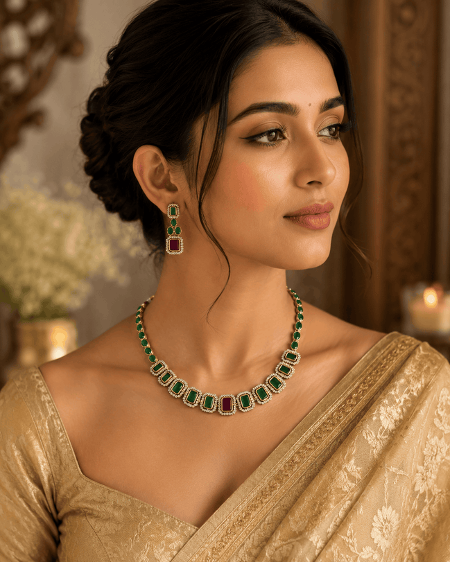 Gold-tone necklace with green stones and red-accent stud earrings