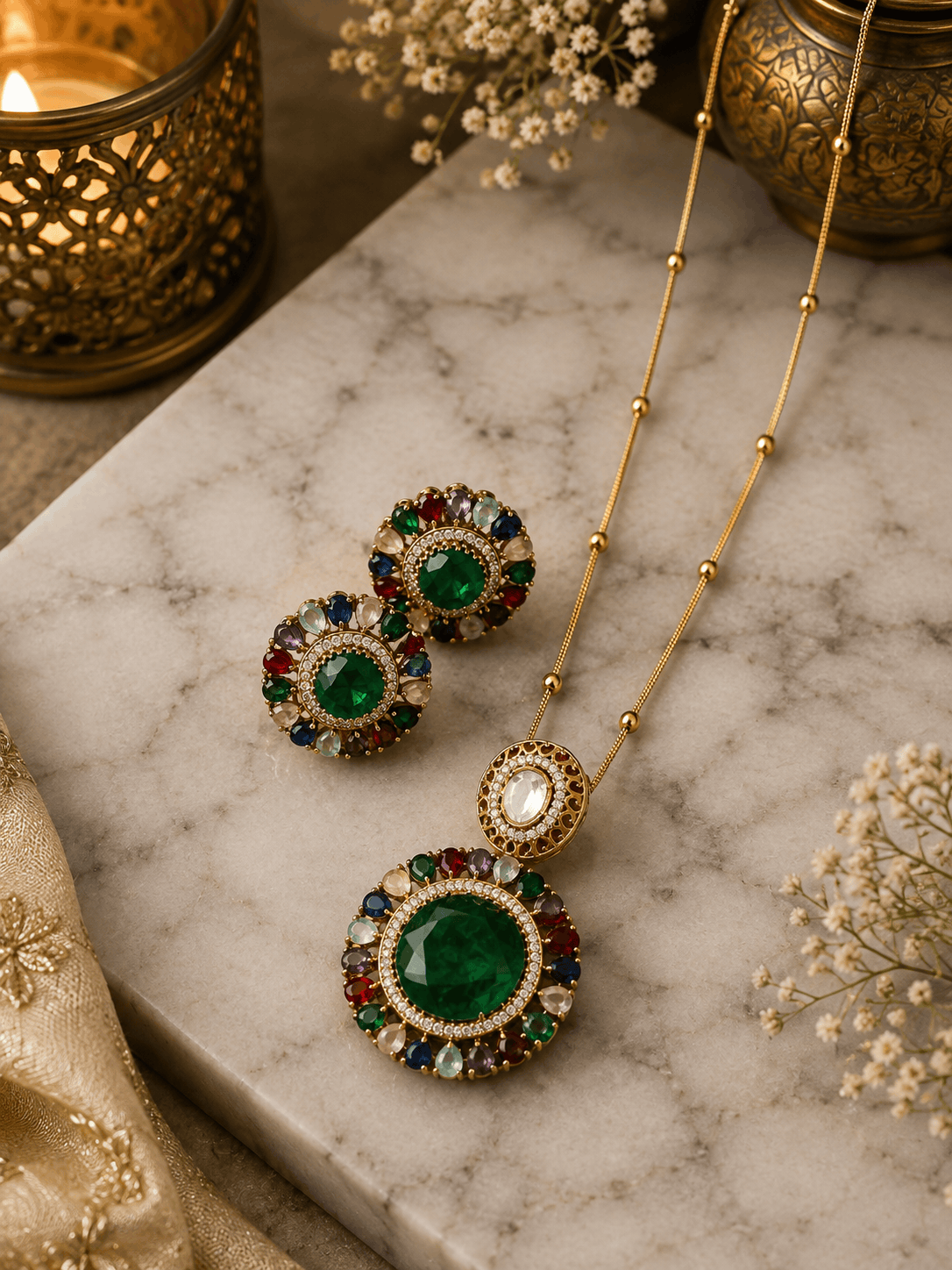 Gold-tone pendant necklace set with round stud earrings and green center circular pendant
