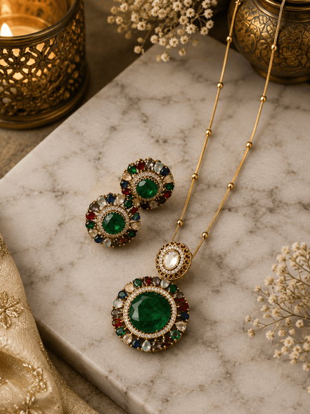 Gold-tone pendant necklace set with round stud earrings and green center circular pendant