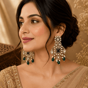 Chandbali earrings, gold-tone with dark kundan centers and green drop accents.