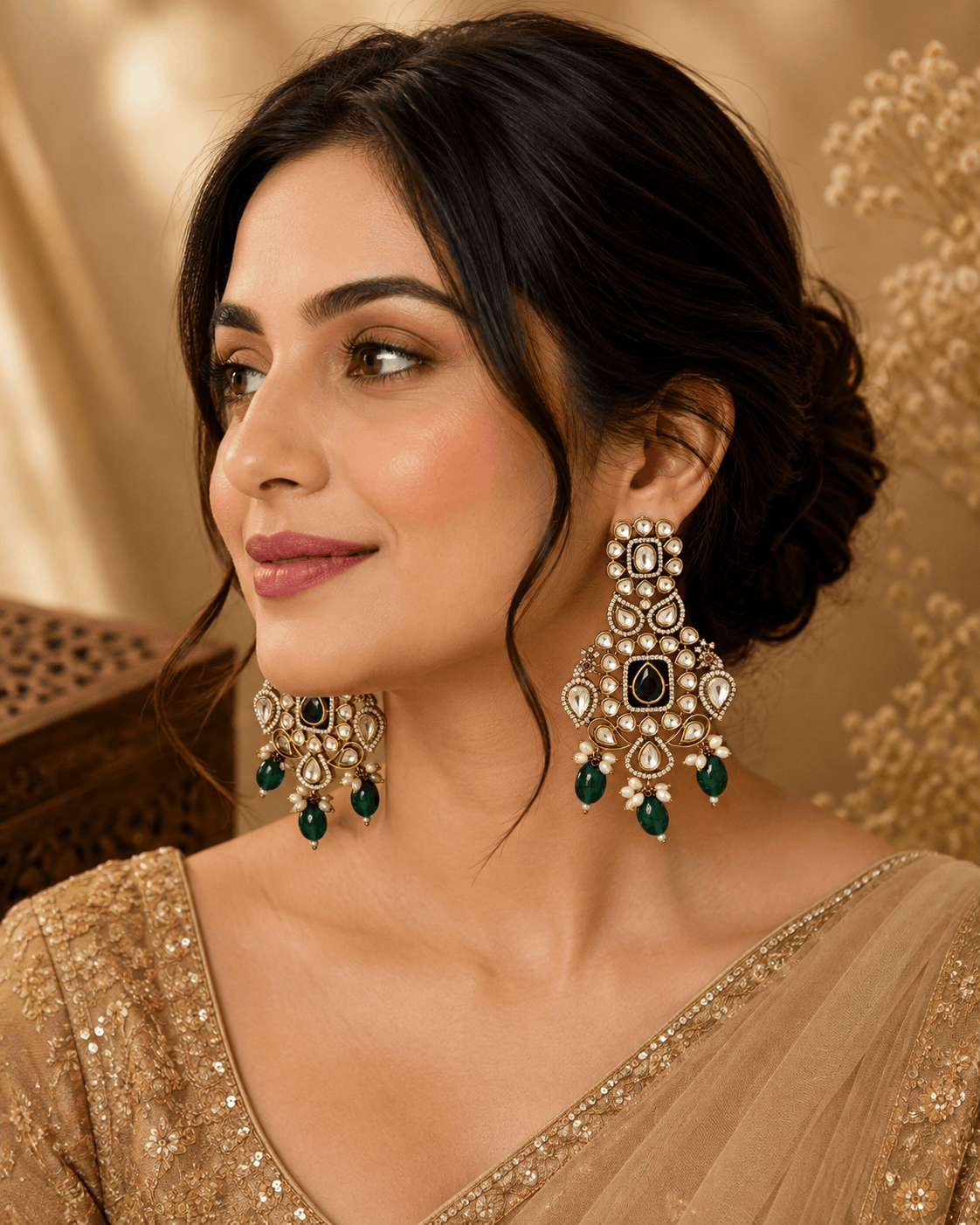 Chandbali earrings, gold-tone with dark kundan centers and green drop accents.
