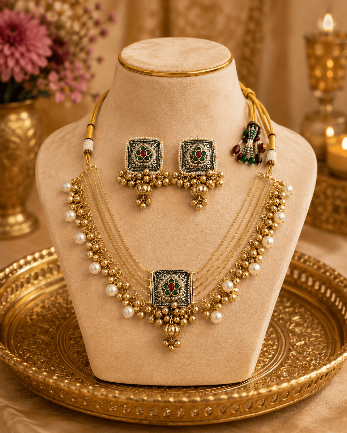 Gold-tone necklace set on bust: pearl layered choker with central pendant and jhumka earrings