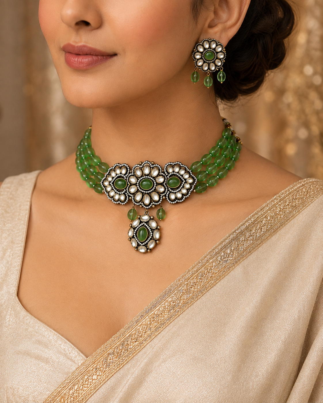 Green beaded floral choker with teardrop pendant and matching oval dangle earrings