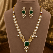 Gold-toned necklace set with dark green square pendant and round drop stud earrings