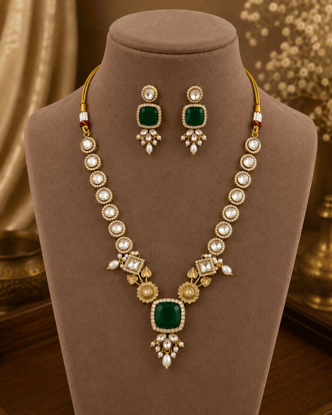 Gold-toned necklace set with dark green square pendant and round drop stud earrings