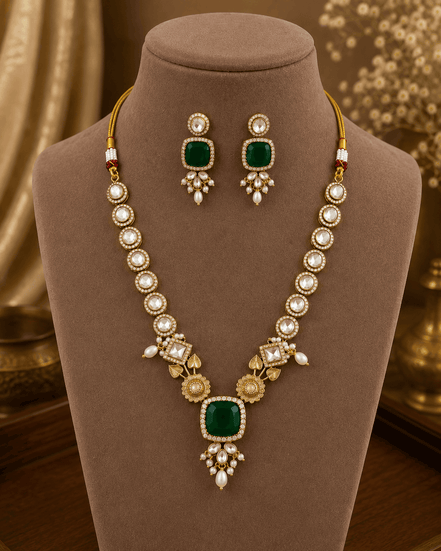 Gold-toned necklace set with dark green square pendant and round drop stud earrings