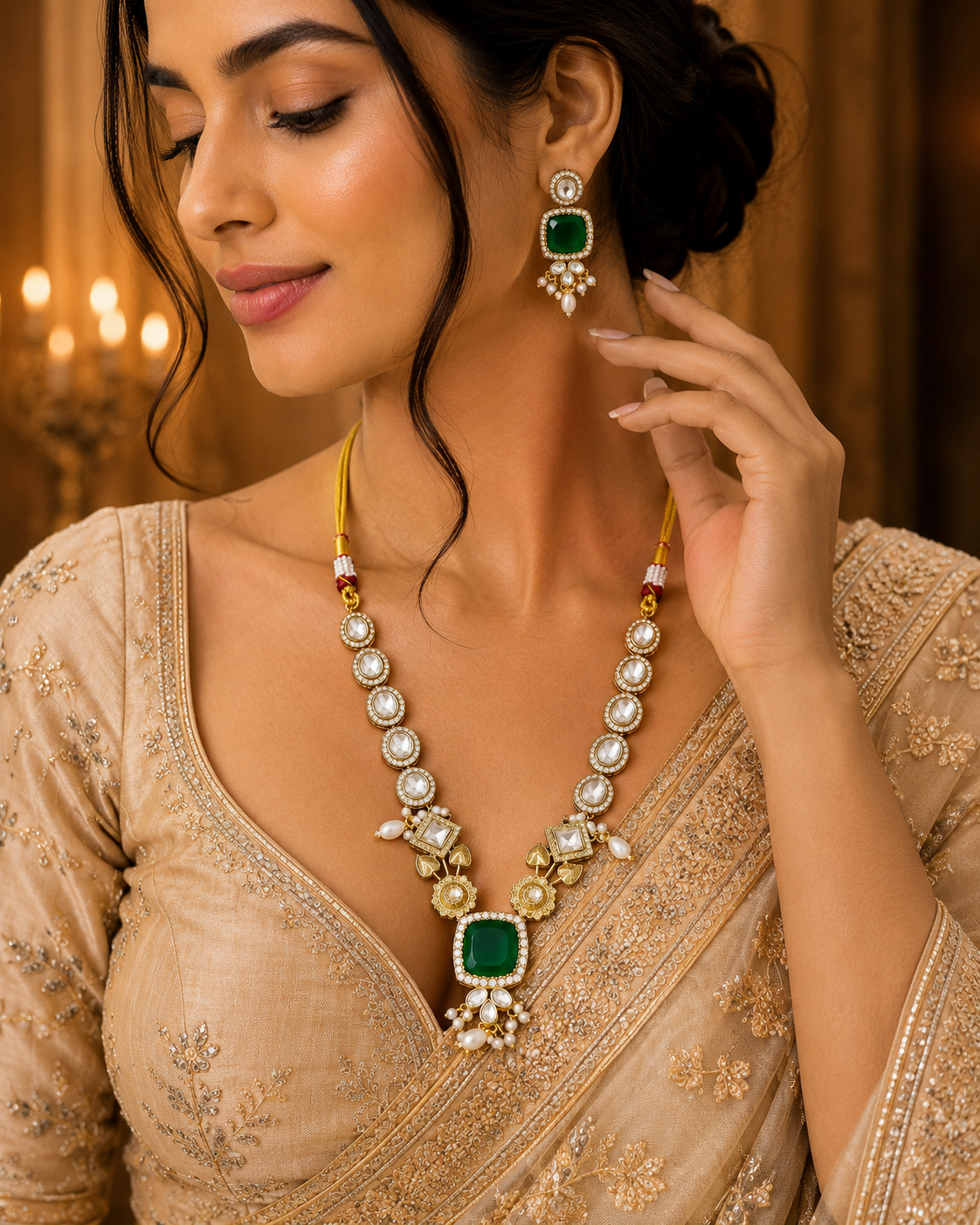 Gold-toned necklace and earrings set with teal square center and pearl drops
