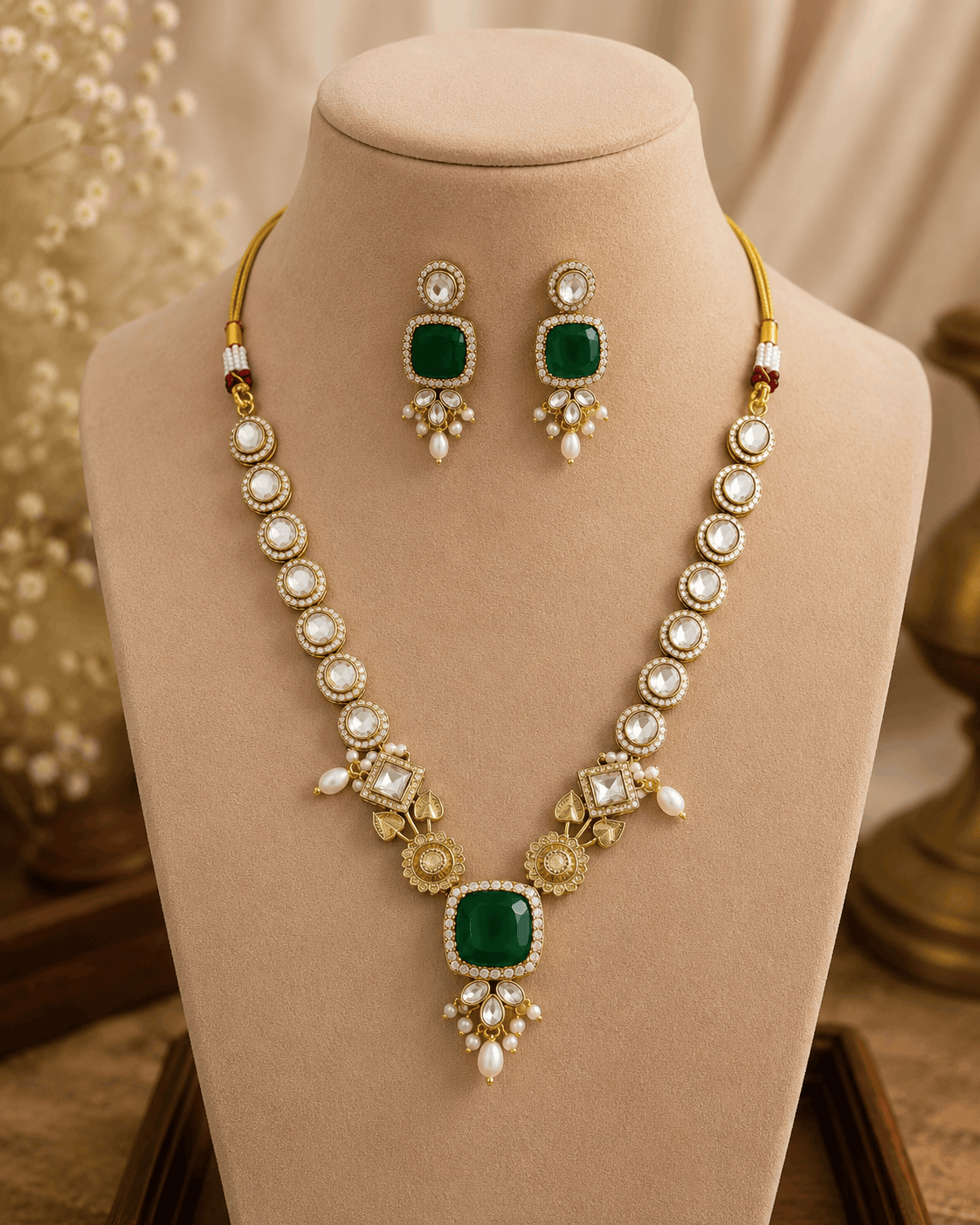 Gold-toned necklace set with teal square center pendant and dangling pearl earrings