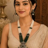 Green bead pearl necklace set with circular pendant and matching dangling earrings