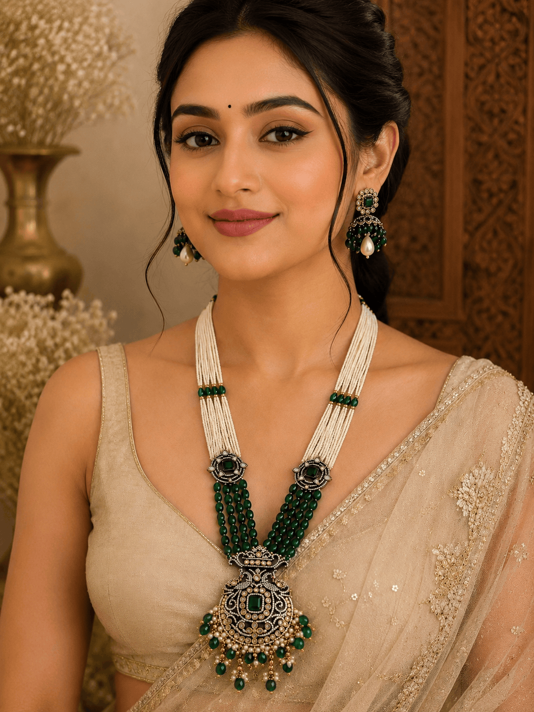 Green bead pearl necklace set with circular pendant and matching dangling earrings