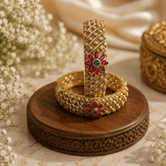 Antique gold bangles with pink & green floral stones, wide lattice cuff