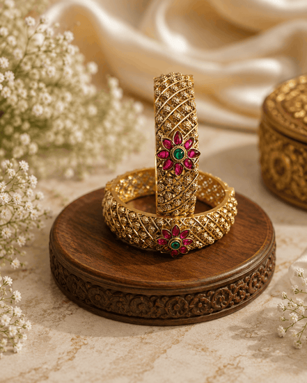 Antique gold bangles with pink & green floral stones, wide lattice cuff